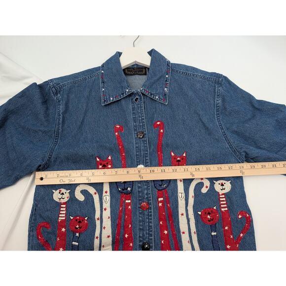 Vintage Life Style Cat Chambray Button Down USA Embroidered Women's PP - Picture 6 of 8